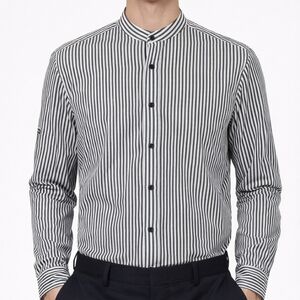 H&M Muscle Fit Black and White Striped Men's Collar Shirt
